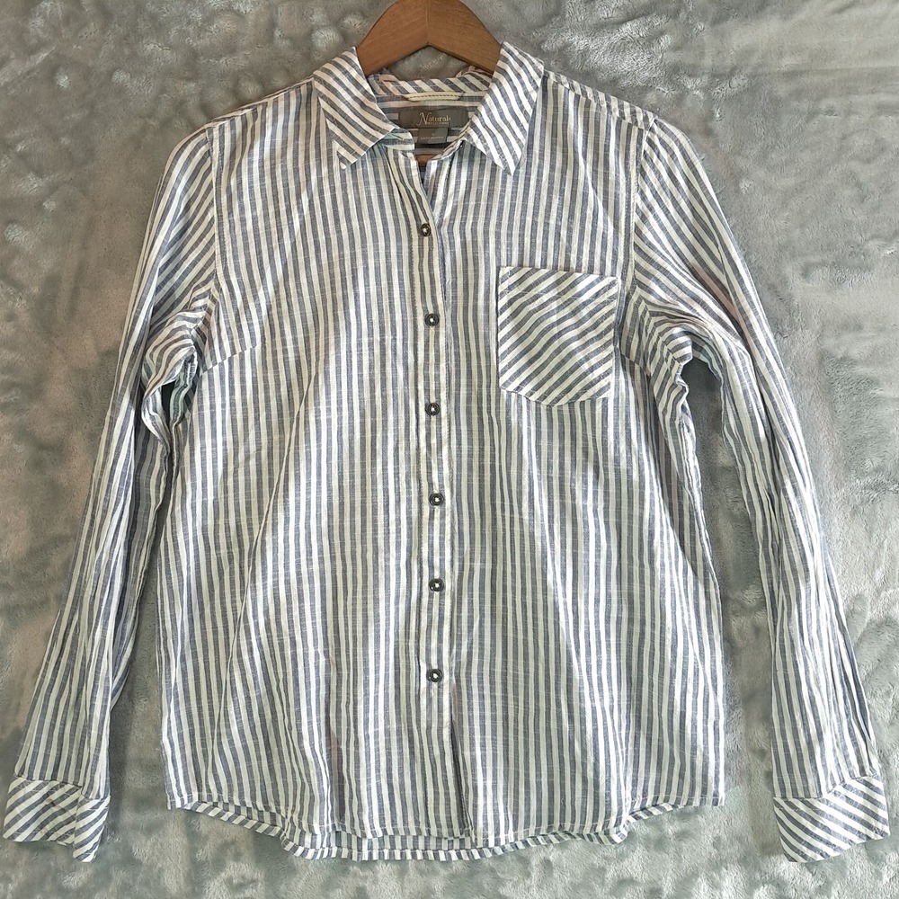 Natural Reflections Blue White Striped Button Down Shirt Small S Bass Pro Cotton